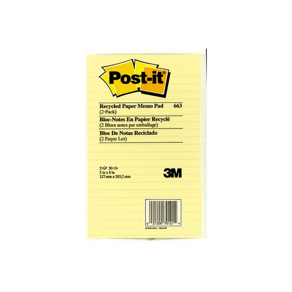 3M Post-it 663 Notes 5in x 8in Lined - Canary Yellow (pkt/2pc)